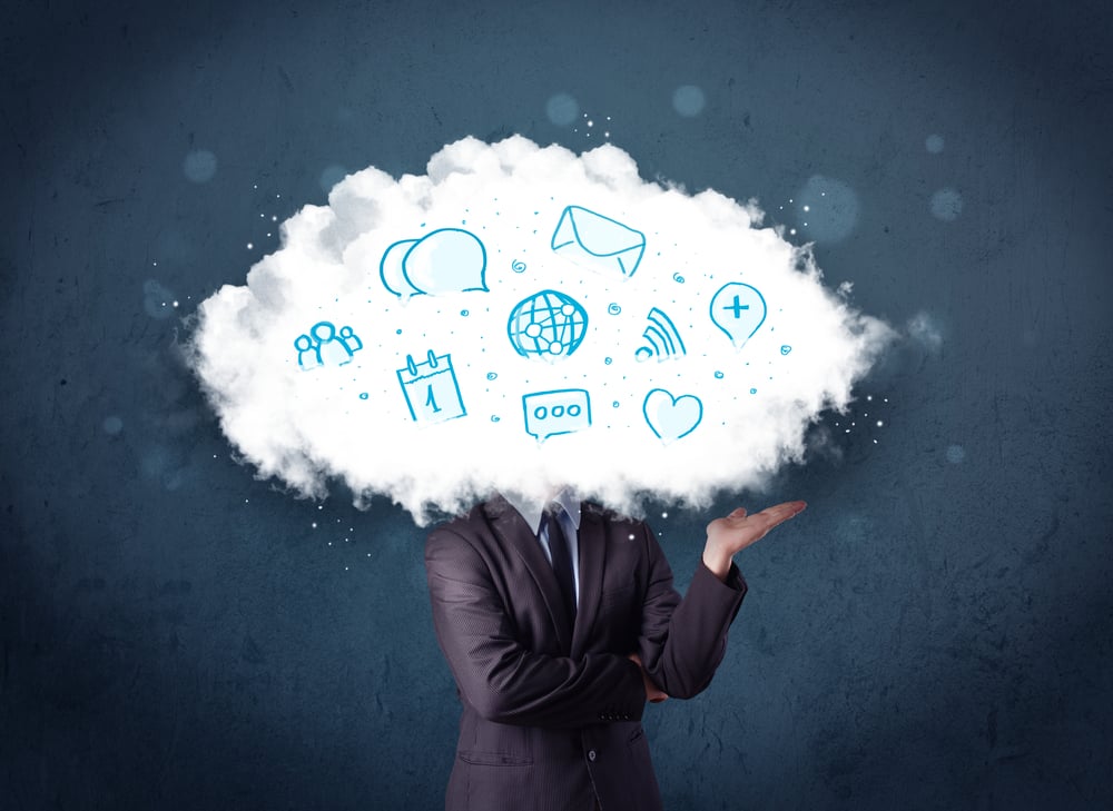 2020 Man in suit with cloud head and blue icons on grungy background